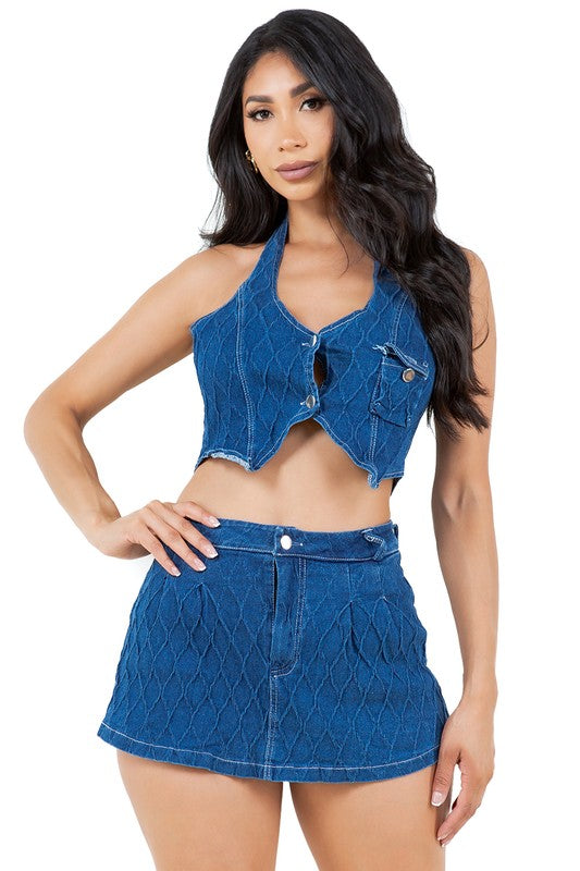 FASHION DENIM TWO PIECE SHORT SET