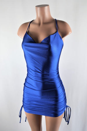 Satin cowl neck ruche dress