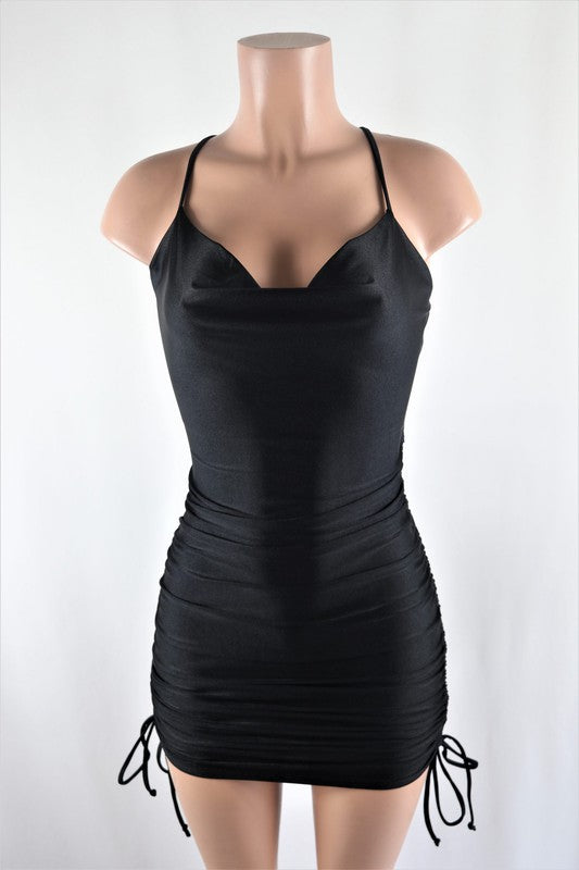 Satin cowl neck ruche dress