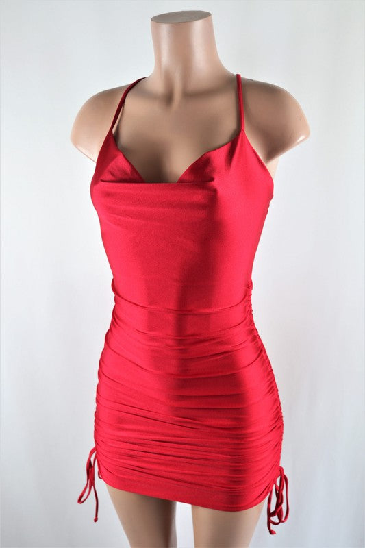 Satin cowl neck ruche dress